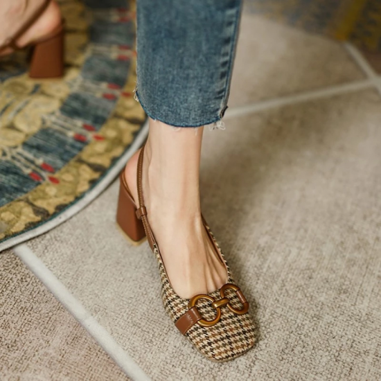 2025 Summer Women Shoes Square Toe Chunky Heel Women Sandals BuckleStrap 7cm High Heel Slingback Sandals for Women Plus Siz