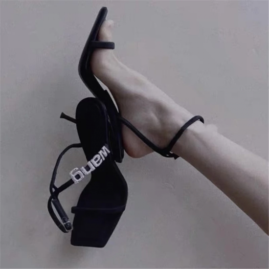 2025 New Square Toe Women Sandals Crystal Letters Decor Women Pumps Sexy High Heels Silk Wedding Dress Shoes Gladiator Sandal